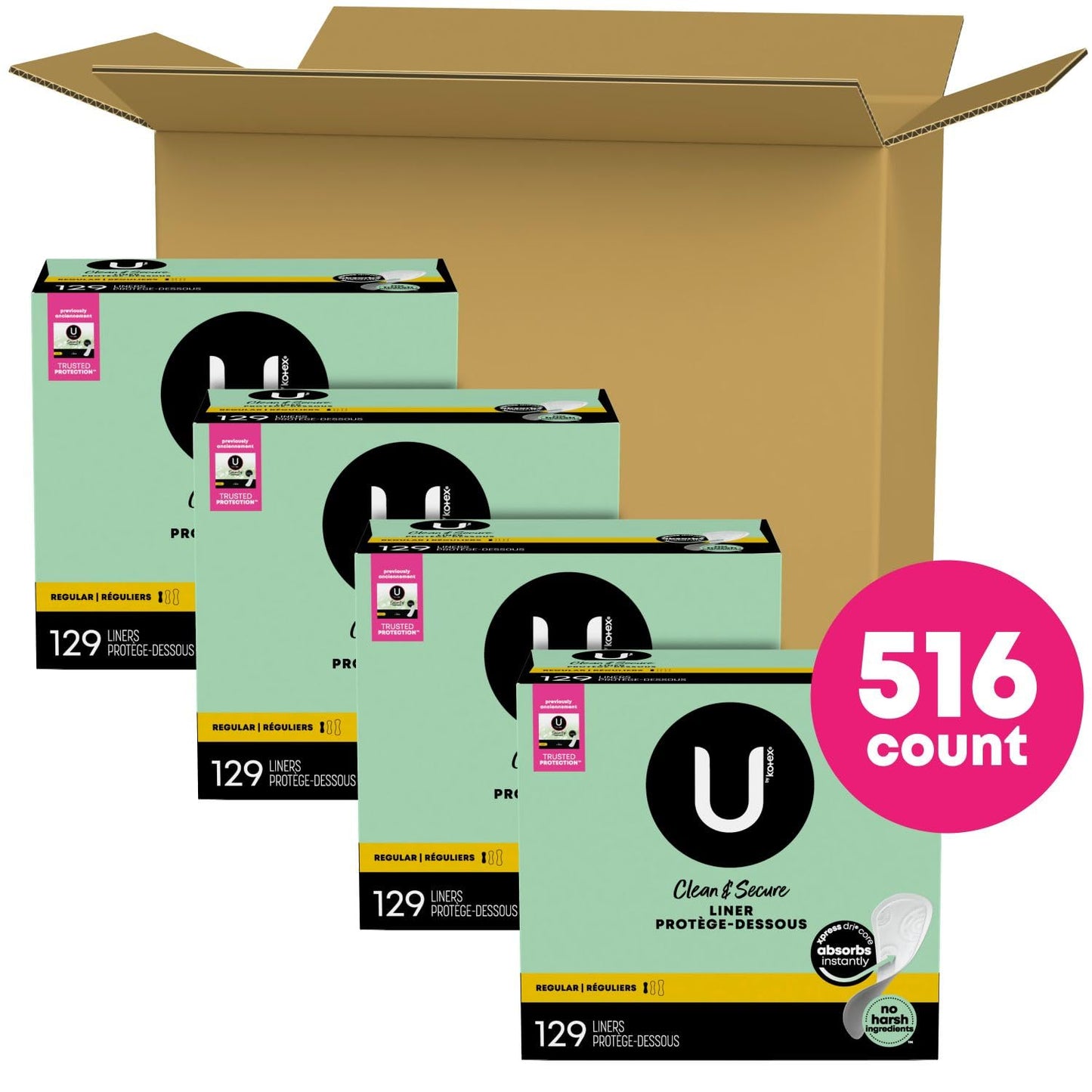 U by Kotex Clean & Secure Panty Liners, Light Absorbency, Regular Length, 516 Count U by KotexBuy Supplements Australia