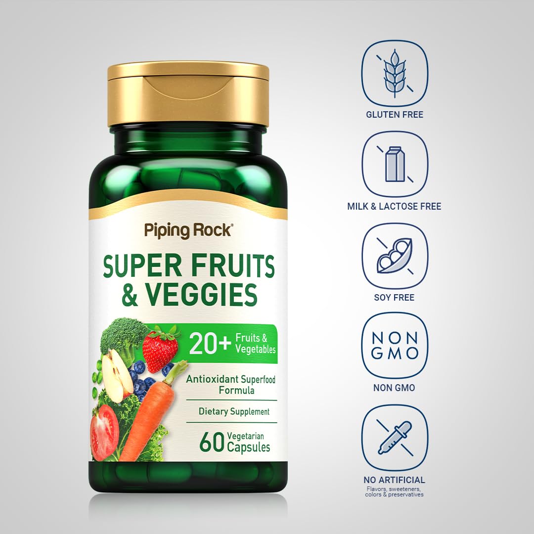 Piping Rock Fruits and Veggies Supplement | 60 Capsules | Superfood Fruit and Vegetables Vitamins | with Prebiotic Blend | Vegetarian Formula | Non-GMO, Gluten Free Piping RockBuy Supplements Australia