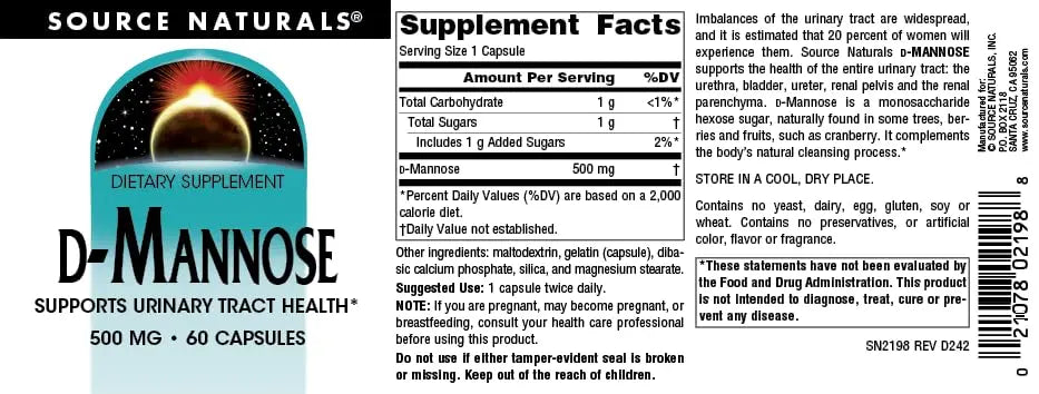 Source Naturals D-Mannose, Potent Urinary Tract & Bladder Health Support*, 500mg - 60 Capsules Source NaturalsBuy Supplements Australia