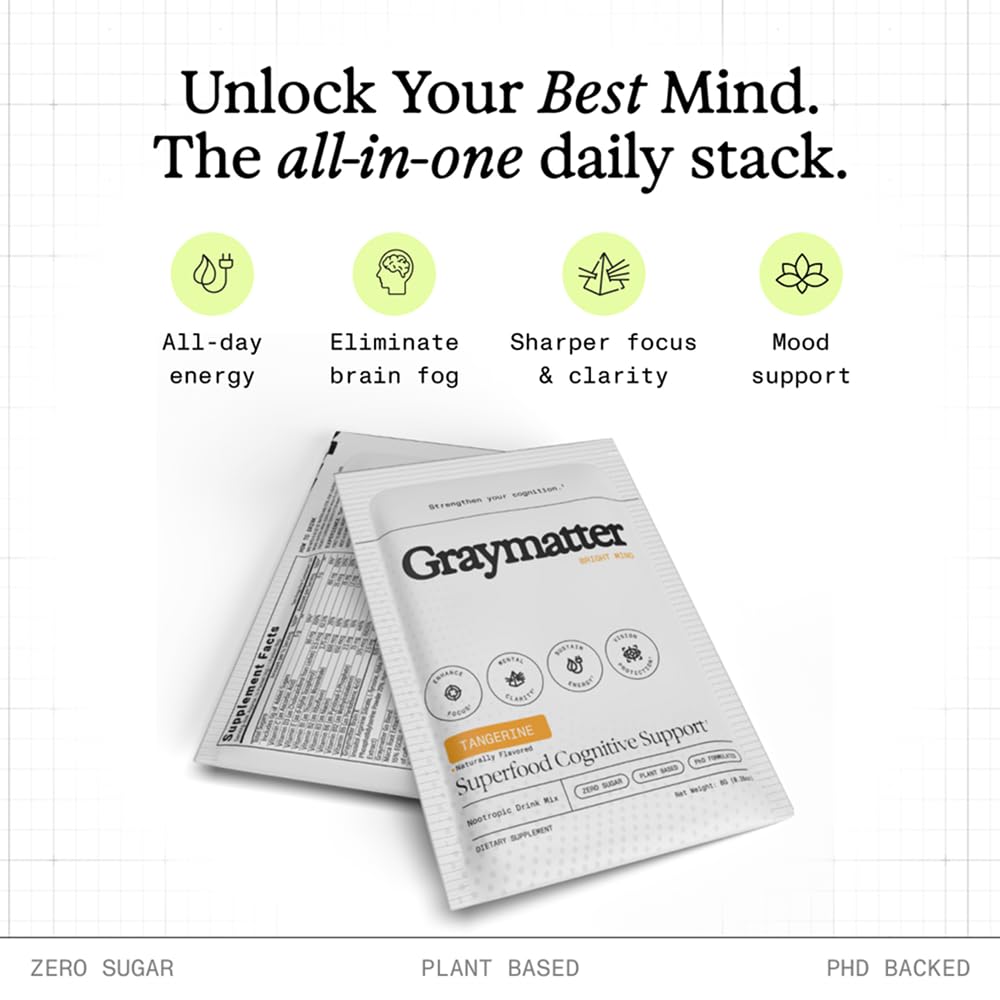 Graymatter Bright Mind Nootropic Powder (6 Travel Packets Variety Pack: Cacao, Tangerine, Strawberry Lemon) – Plant-Based Energy & Focus Drink Mix, Adaptogens & Vitamins, Sugar-Free Daily Supplement GraymatterBuy Supplements Australia
