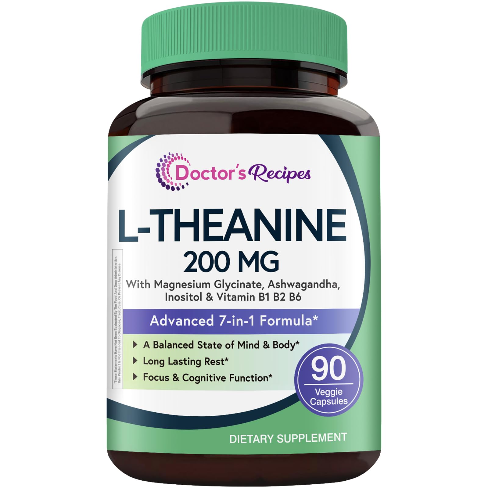 Doctor's Recipes L-Theanine 200 mg, Magnesium Glycinate, Ashwagandha, Inositol, Vitamin B6 B1 B2, Calm Relaxation Mood Cortisol Manager Nerve Focus Sleep Aid Quality No Drowsiness, Vegan, 90 Capsules Doctor's RecipesBuy Supplements Australia