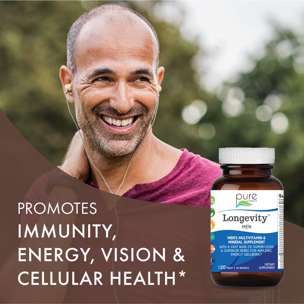 PURE ESSENCE LABS Longevity Multivitamin for Men Over 40 - Super Energetic with Superfoods, Minerals, Enzymes, Vitamin D3, B12, Biotin - 120 Tablets PURE ESSENCE LABSBuy Supplements Australia