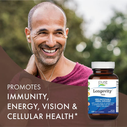 PURE ESSENCE LABS Longevity Multivitamin for Men Over 40 - Super Energetic with Superfoods, Minerals, Enzymes, Vitamin D3, B12, Biotin - 120 Tablets PURE ESSENCE LABSBuy Supplements Australia