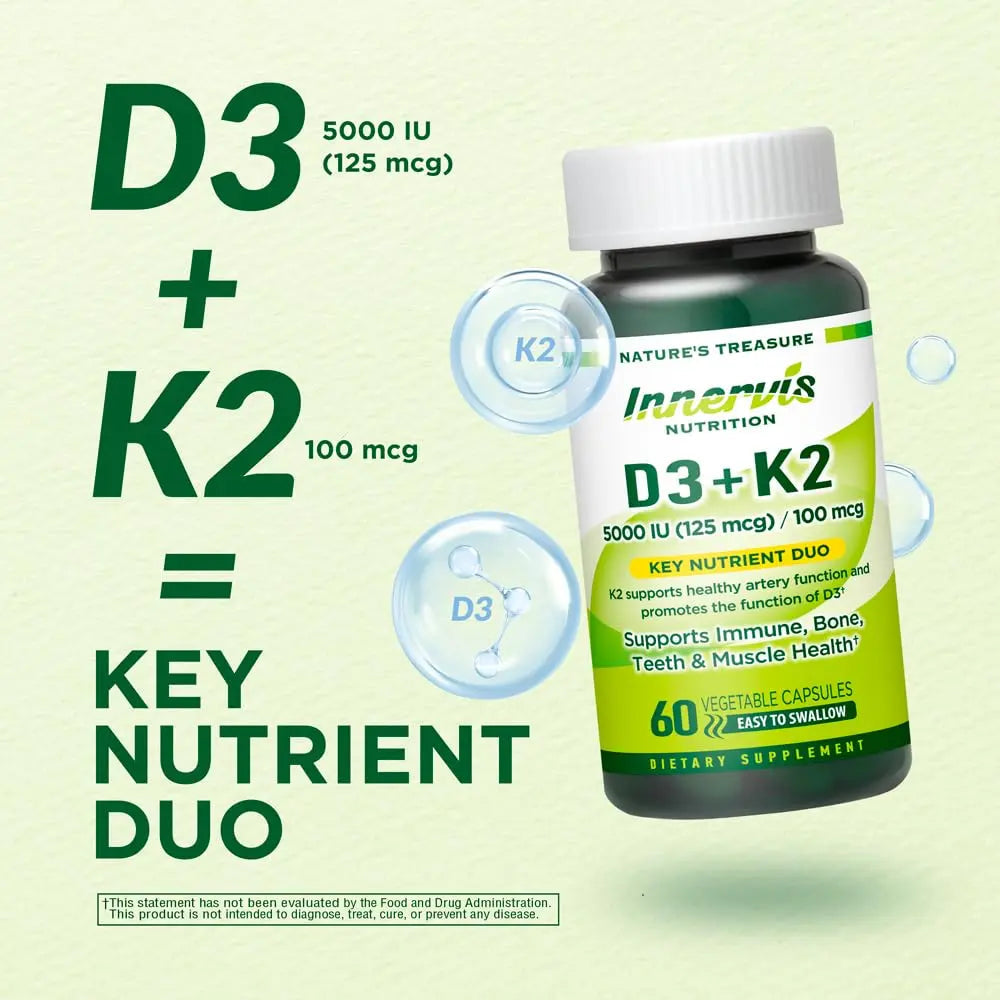INNERVISNUTRITION Vitamin D3 5000 IU + K2 MK-7 100mcg – Bone, Heart & Immune Support, Easy to Swallow, 60 Capsules INNERVISNUTRITIONBuy Supplements Australia