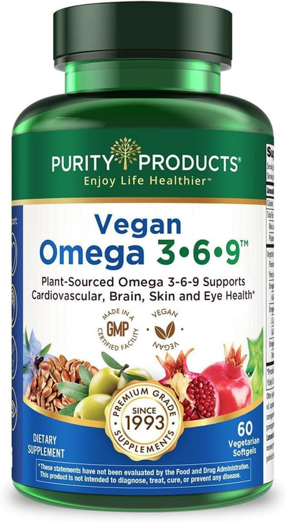 Purity Products Omega 3-6-9 Vegan and Vegetarian Formula - “5 in 1” Essential Fatty Acid Complex - Scientifically Formulated Plant-Based Omega 3 6 9