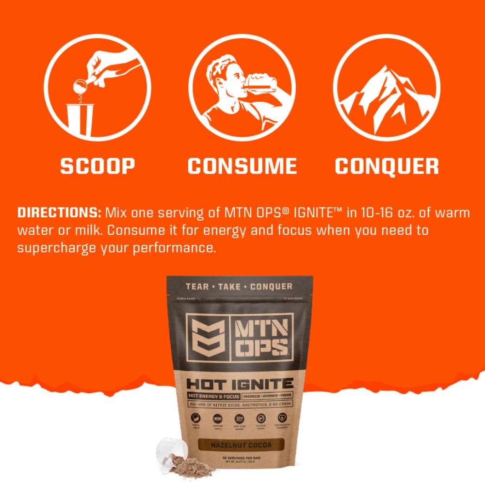 MTN OPS Hot Ignite Supercharged Energy Drink Mix Focus Enhancer, Hazelnut Cocoa, Bag (30 Servings)