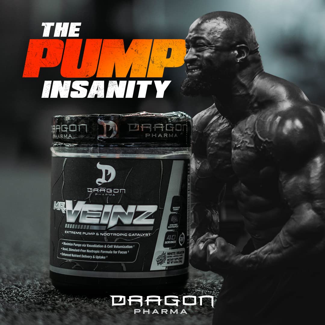 DRAGON PHARMA Mr. Veinz Stim Free Pre-Workout, Extreme Pump & Nootropic Catalyst, Maximize Pumps via Vasodilation & Cell Volumization, Stimulant-Free Formula for Focus (40 Servings, Grape Crush)