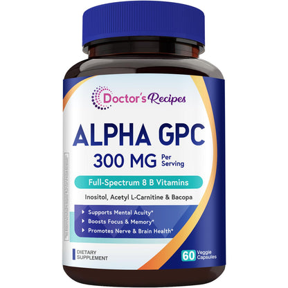 Doctor's Recipes Alpha GPC 300 mg Supplement, with 8 B Vitamins, Inositol, Acetyl L-Carnitine, Highly Bioavailable Source of Choline, 12-in-1 Cognitive Support for Women & Men, 60 Veggie Capsules Doctor's RecipesBuy Supplements Australia