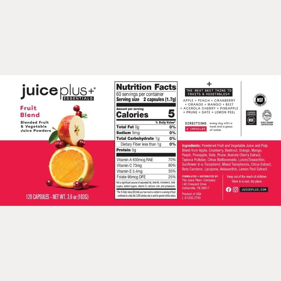 JuicePlus+ Fruit Blend: Plant-Based Whole Food Supplement with Apple, Peach, Cranberry, & More! - Vegan, Gluten-Free, Non-GMO, Kosher - Packed with Plant-Based Vitamins - 1 Bottle (60 Servings) Juice Plus+Buy Supplements Australia