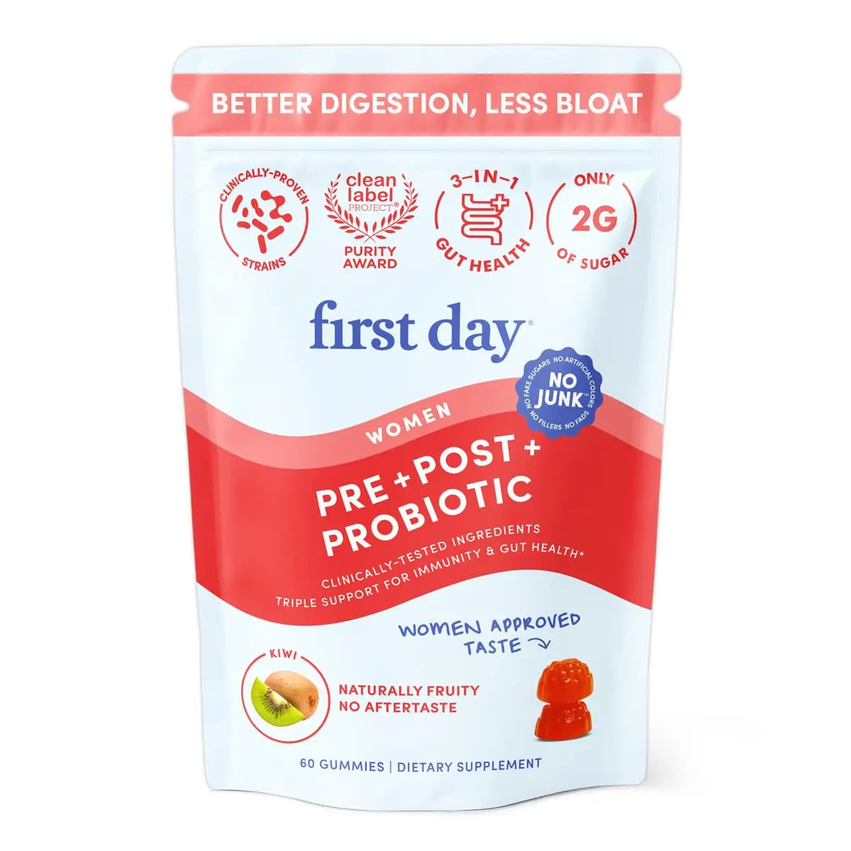 FIRST DAY Women’s Good Gut Tribiotic Gummies – 3-in-1 Prebiotic, Probiotic & Postbiotic Supplement – Supports Immune Function and Digestive FIRST DAY