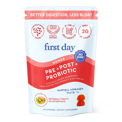 FIRST DAY Women’s Good Gut Tribiotic Gummies – 3-in-1 Prebiotic, Probiotic & Postbiotic Supplement – Supports Immune Function and Digestive FIRST DAY