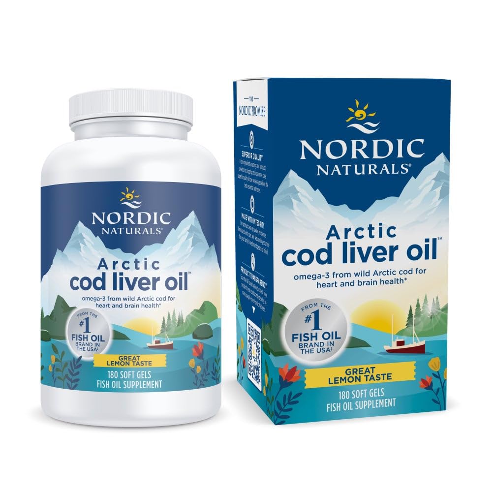 Nordic Naturals Arctic Cod Liver Oil, Lemon - 180 Soft Gels - 750 mg Total Omega-3s with EPA & DHA - Heart & Brain Health, Healthy Immunity