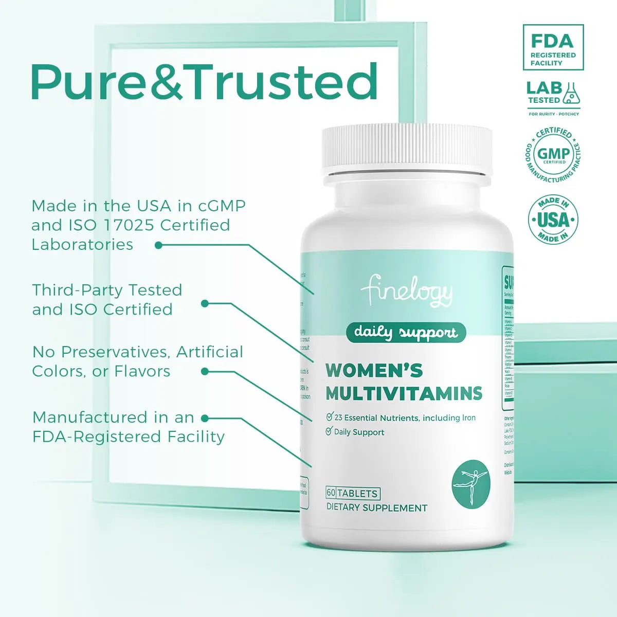 finelogy Womens Multivitamin - Essential Nutrients with Iron, Vitamins A, C, D3, K, B6 and B12 Supplements for Women’s Health, Energy Hair Skin & Nails finelogyBuy Supplements Australia