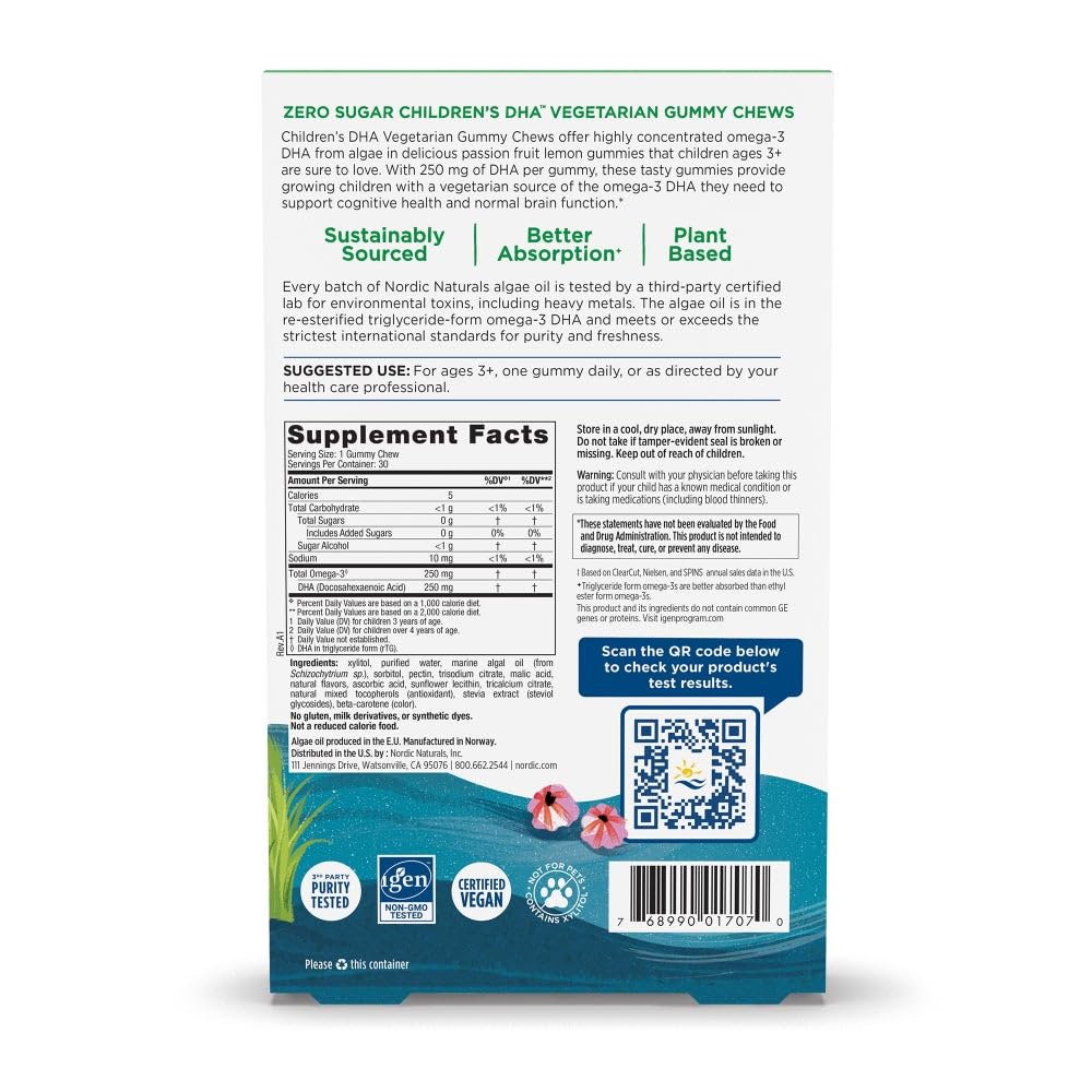 Nordic Naturals Zero Sugar Children’s DHA Vegetarian Gummy Chews - Passion Fruit Lemon Flavor - 30 Gummies - Vegan Algae Oil Omega-3 Supplement for Kids Brain & Cognition Support - 30 Servings Nordic NaturalsBuy Supplements Australia