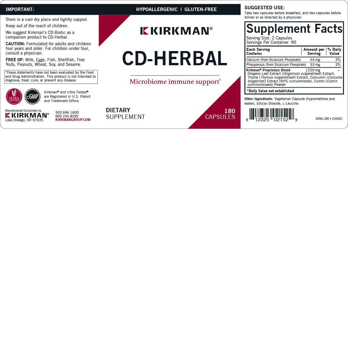 Kirkman CD-Herbal - Hypoallergenic -180 Vegetarian Capsules KirkmanBuy Supplements Australia