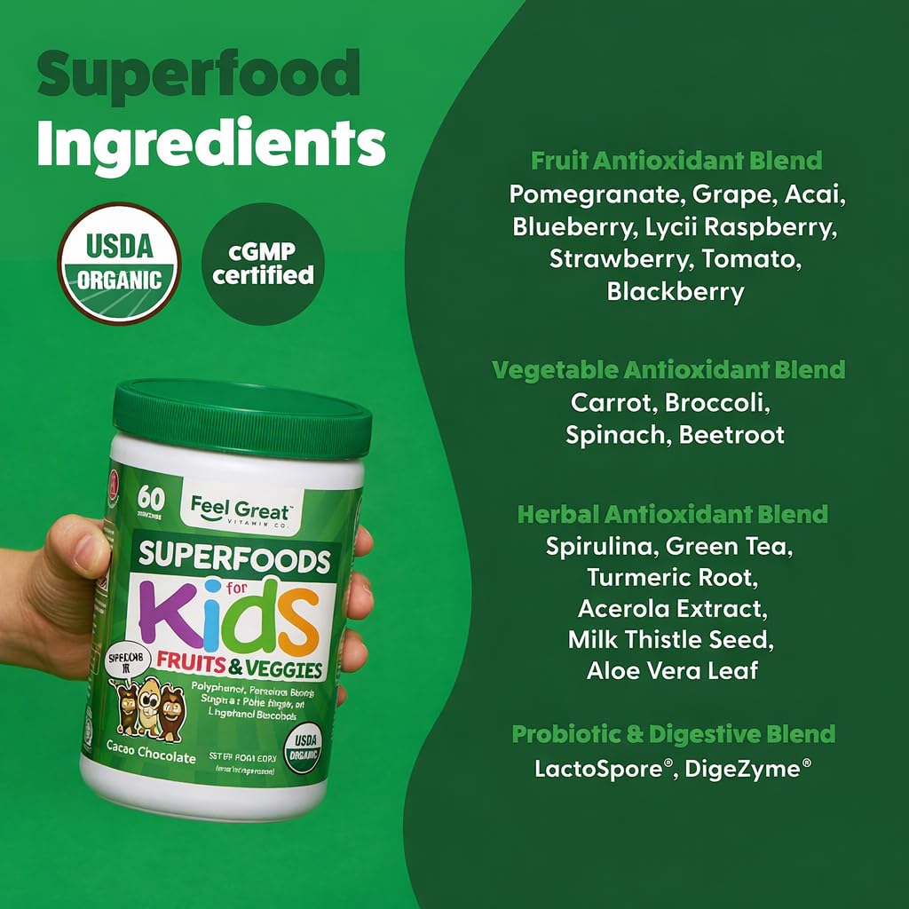 Feel Great USDA Organic Super Greens Powder for Kids - Cocao Chocolate | Fruit & Veggie Supplement | Superfood Powder with Probiotics & Digestive Enzymes for Digestive Health | 60 Days Supply The Feel Great Vitamin CompanyBuy Supplements Australia