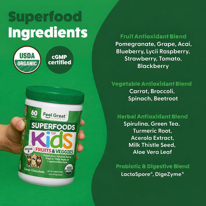 Feel Great USDA Organic Super Greens Powder for Kids - Cocao Chocolate | Fruit & Veggie Supplement | Superfood Powder with Probiotics & Digestive Enzymes for Digestive Health | 60 Days Supply The Feel Great Vitamin CompanyBuy Supplements Australia