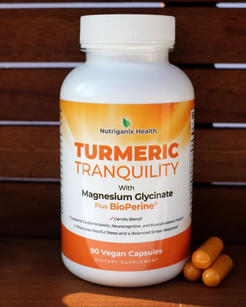 Turmeric Tranquility Turmeric Curcumin & Magnesium Glycinate with BioPerine – Support for Stress Relief, Sleep, Heart Health, Muscles, Metabolism, and Joint Health* - High Absorption - 90 Capsules (1) NutriganixBuy Supplements Australia