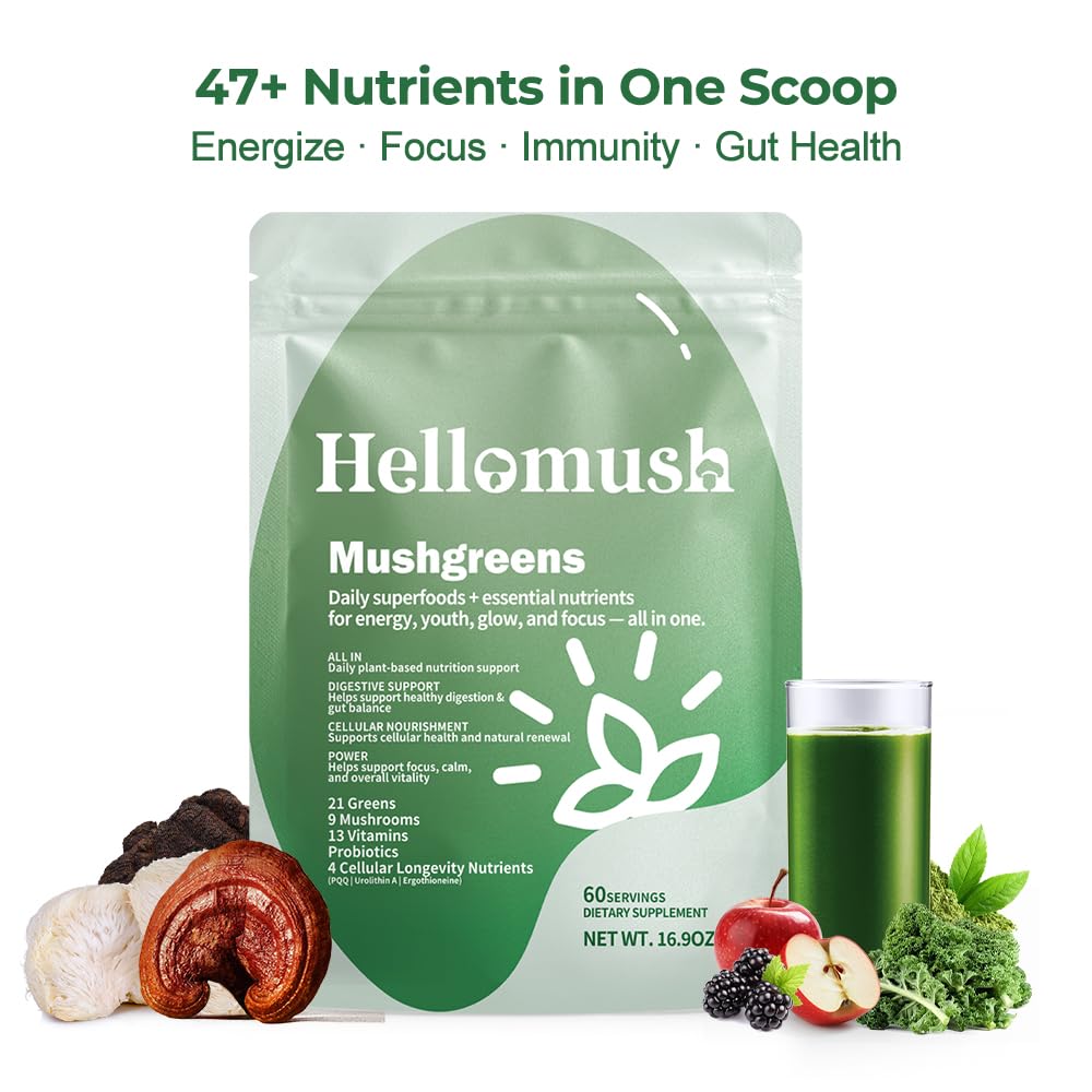 Hellomush Super Greens Powder Superfood, Daily Green Powder Supplement with Probiotics Drink Mix for Men & Women, Blend of Greens, Mushrooms, Vitamins, Probiotics and Cellular Nutrients HellomushBuy Supplements Australia
