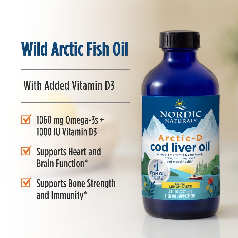 Nordic Naturals Arctic-D Cod Liver Oil, Lemon - 8 oz - 1060 mg Total Omega-3s + 1000 IU Vitamin D3 - EPA & DHA - Heart, Brain, Bone, Immune & Mood Support - Non-GMO - 48 Servings Nordic NaturalsBuy Supplements Australia
