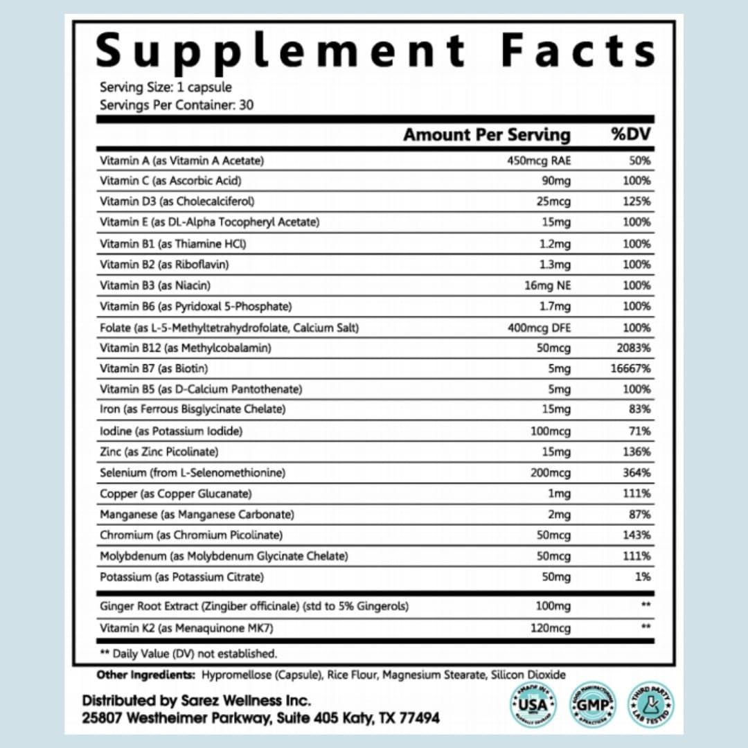 Sarez GLP-1 Support Capsules — Methylated Vitamins & Chelated Minerals — Energy, Metabolism, Hair & Daily Nutrient Support — with Ginger for Nausea — Gentle on Stomach — 30 Day Supply SarezBuy Supplements Australia