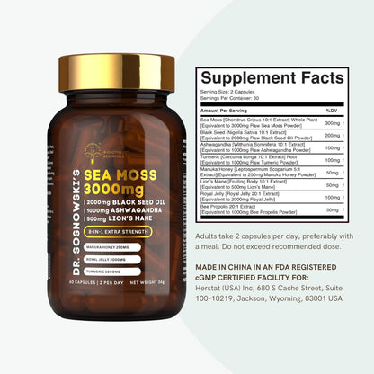 Dr Sosnowski's BioActive Sea Moss | 8-in-1 Formula Enriched with Black Seed, Ashwagandha, Turmeric, Manuka Honey, Lion's Mane, Royal Jelly, Bee Propolis Extract | 60 Capsules Dr Sosnowski'sBuy Supplements Australia