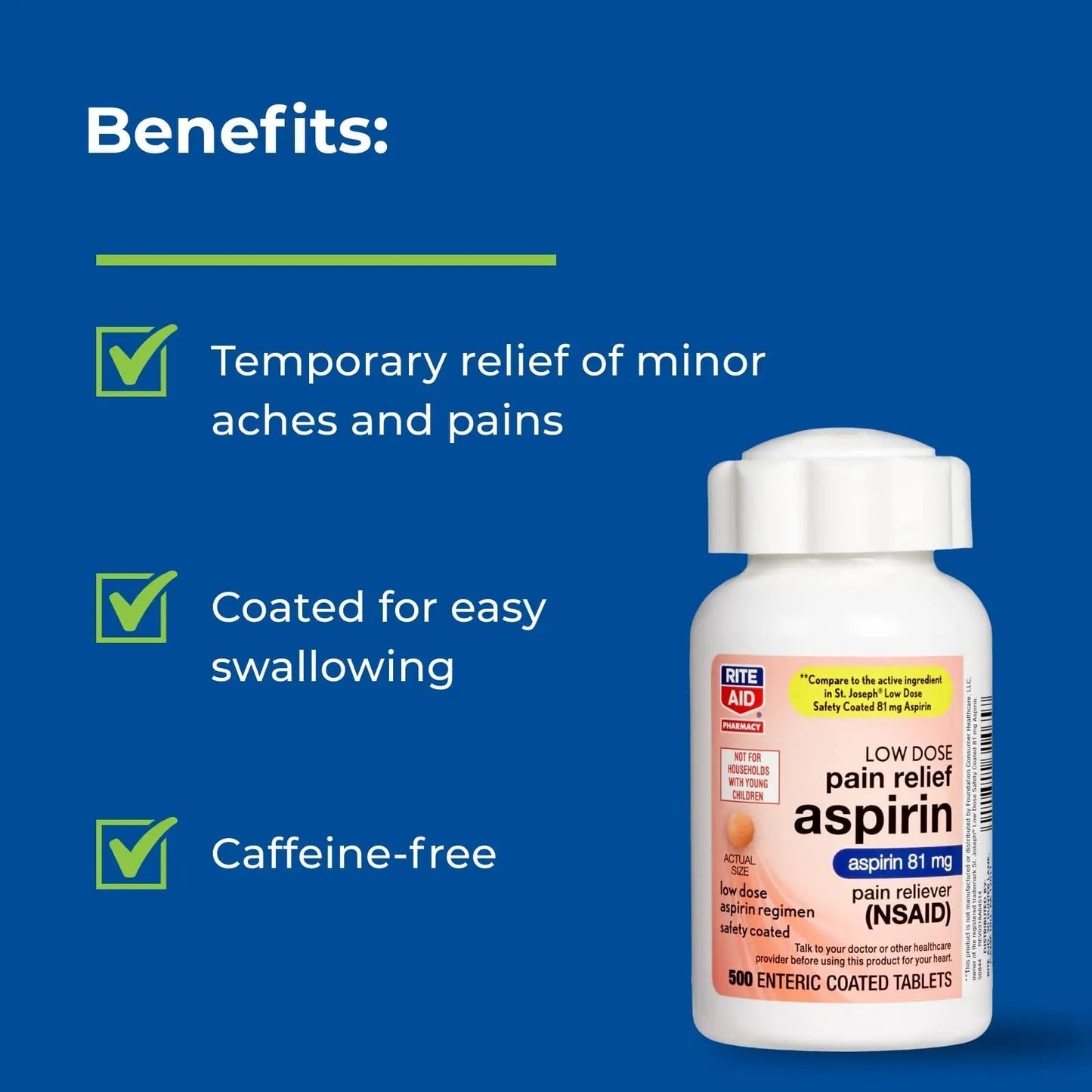 Rite Aid Aspirin Enteric Tablets - 81 mg Aspirin - 500 Count - Low-Dose for Headache Relief - Safety Coated - Aspirin Regimen - Migraine Medicine - Pain Relief Rite AidBuy Supplements Australia