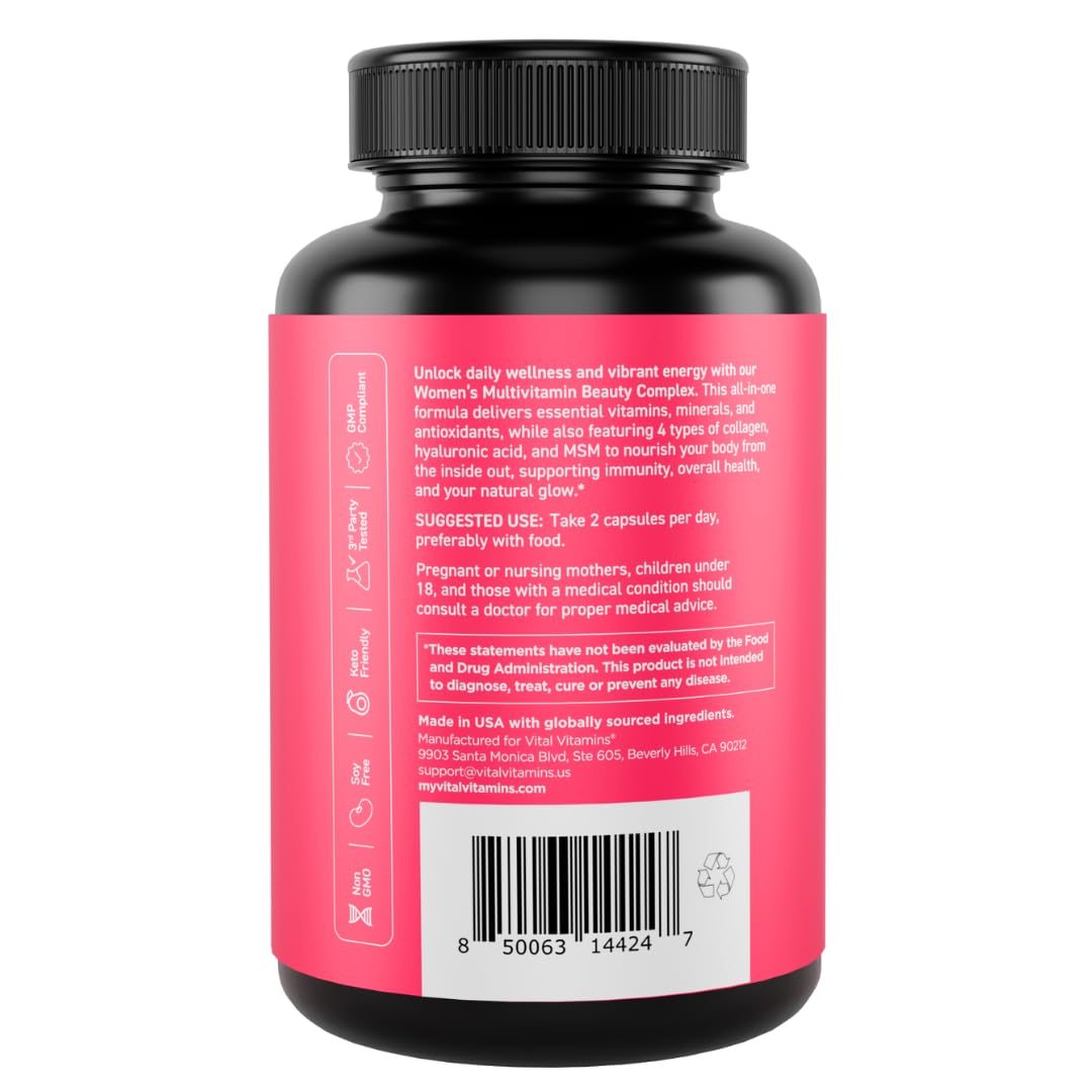 Vital Vitamins Women's Multivitamin Complex - Made with Multi-Collagen Blend, Hyaluronic Acid, & MSM - Beauty Multivitamins - with Vitamin A, C, E, B6, B12, D3-60 Capsules Vital VitaminsBuy Supplements Australia
