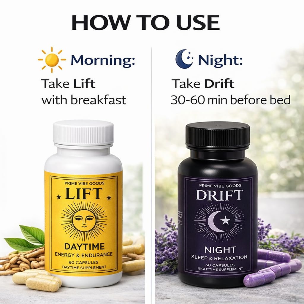 Prime Vibe Goods Lift & Drift – Energy & Stress Support Supplement – Adaptogens for Focus, Relaxation & Sleep – Ashwagandha, Magnesium, Rhodiola, GABA, Maca – Vegan (2-Pack, 120 Capsules) Prime Vibe GoodsBuy Supplements Australia