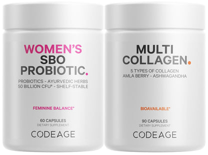 Codeage Multi Collagen Protein Capsules & Probiotics for Women Bundle | Multi Collagen Pills, Collagen Types I, II, II, V & X, 90 Count | Prebiotics & Probiotics for Women - Soy & Dairy Free, 60 Count CodeageBuy Supplements Australia