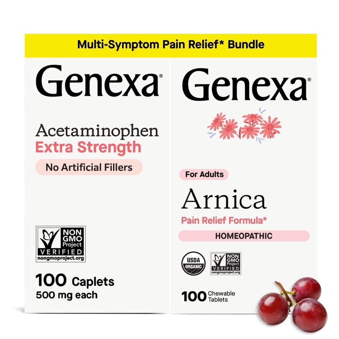 Genexa Adult Pain Relief Bundle | 500mg Acetaminophen Caplets + Homeopathic Arnica Chewables | Fast Relief for Headache, Joint & Muscle Pain | OTC + Homeopathic Combo | No Dyes or Artificial Additives GenexaBuy Supplements Australia