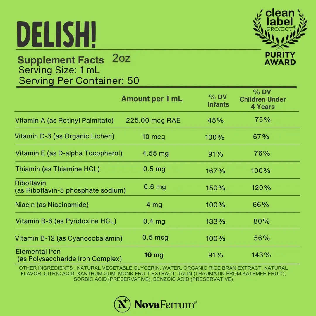 NovaFerrum Delish | Vegan Multivitamin with Iron for Infants, Toddlers & Kids | Immune Support | Organic Plant-Based D-3 | NovaFerrumBuy Supplements Australia