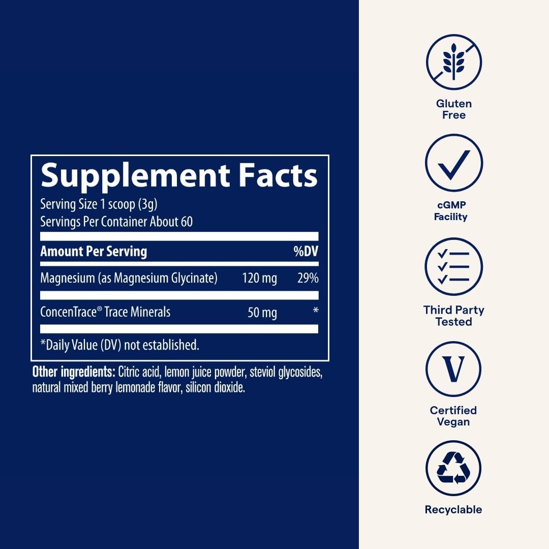 Trace Minerals Magnesium Glycinate Powder - Daily Magnesium Powder for Sleep Support - Calming Bedtime Drink - Natural & Gentle - Mixed Berry Lemonade - 180g (60 Servings) Trace MineralsBuy Supplements Australia