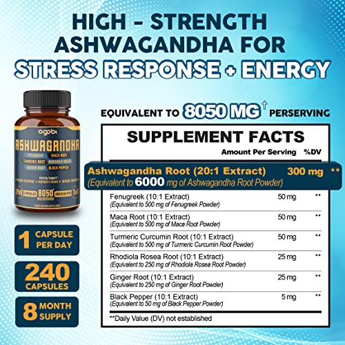 240 Capsules - 8 Month Supply - 7in1 Ashwagandha 8050mg - Combined With Fenugreek agobiBuy Supplements Australia