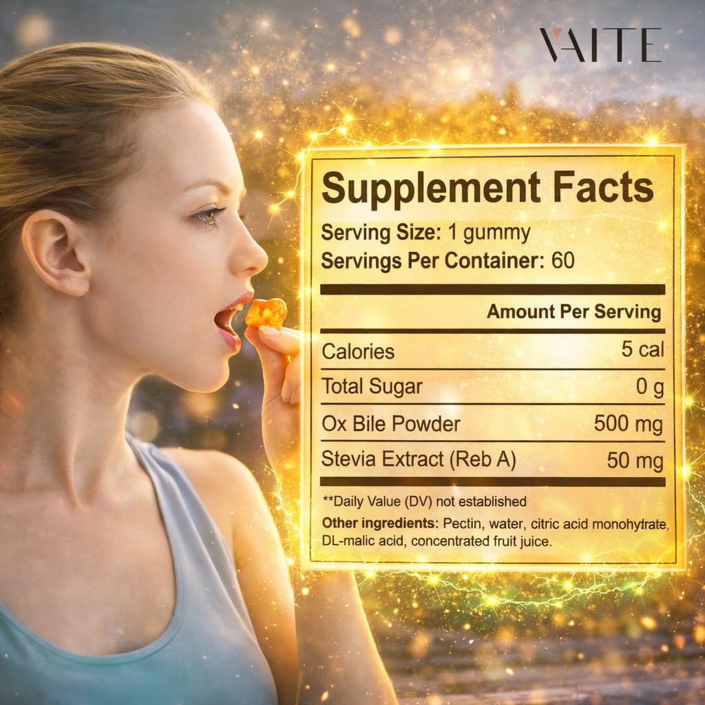 VAITE Ox Bile Gummies – 500mg Digestive Support for Gallbladder & Gut Health – Non-GMO, Sugar-Free Supplement – Helps Nutrient Absorption & Bile Flow – 60 Easy-to-Chew Bile Acid Chewables VAITEBuy Supplements Australia