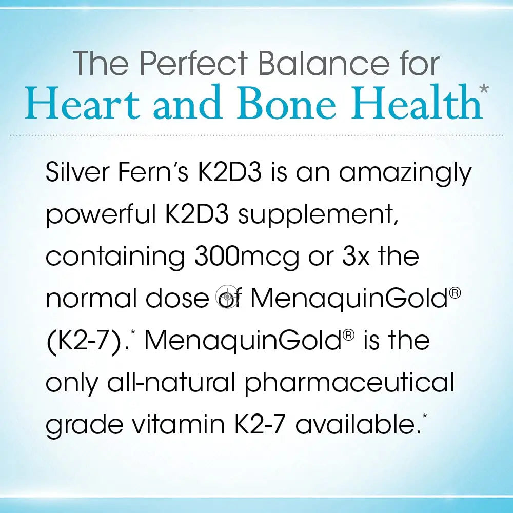 Silver Fern Vitamin K2-D3 Supplement Brand - Natural, Non-Synthetic - K2-7 as Menaquinone-7 (MK-7) - D3 as cholecalciferol Silver Fern
