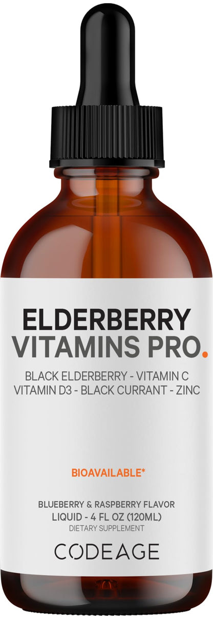 Codeage Elderberry Vitamins Pro - Organic Black Elderberry Liquid Drops - Vitamin C, D3, Zinc, Black Currant - 2-Month Supply - Black Sambucus Liquid - Supplement for Adults & Kids - 4 fl oz CodeageBuy Supplements Australia