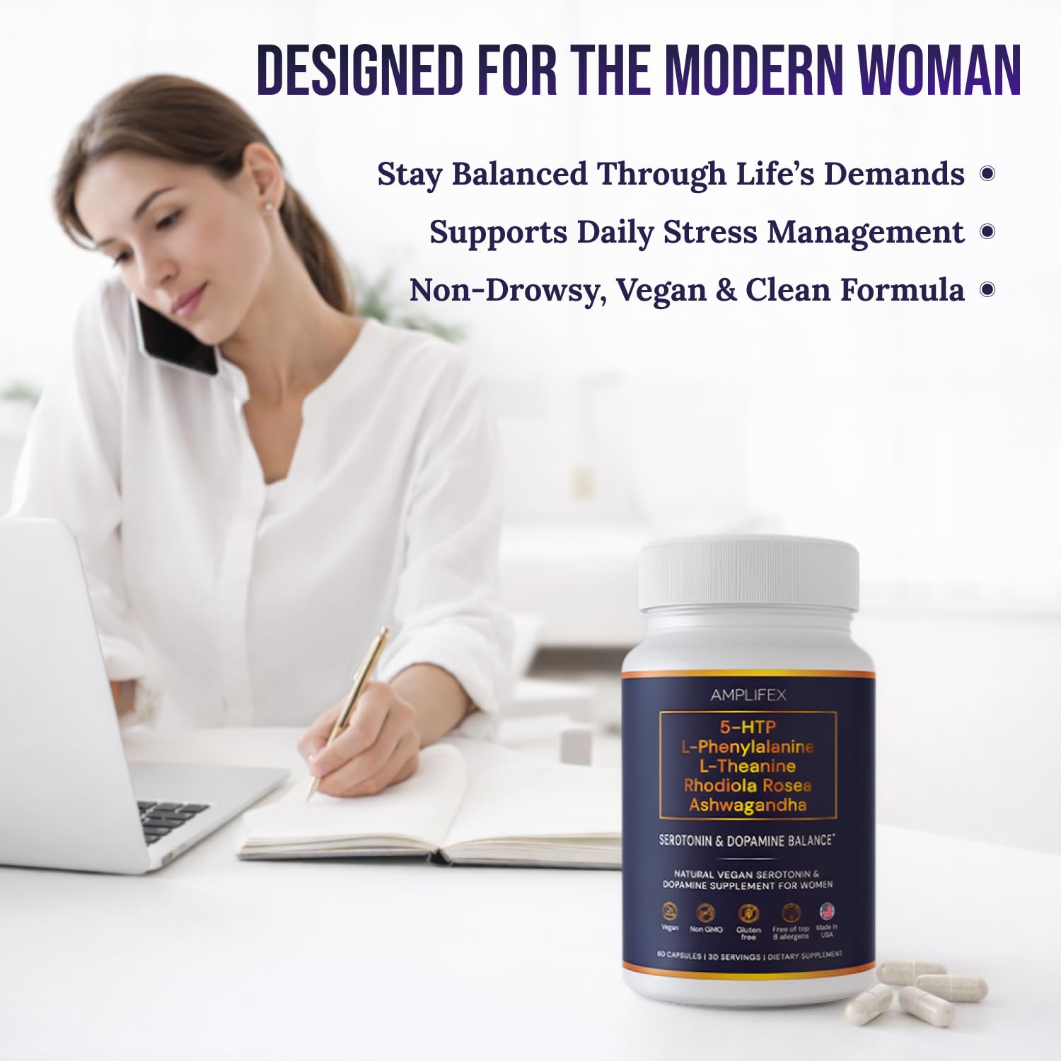 5-HTP Serotonin & Dopamine Support Complex with L-Theanine, L-Phenylalanine, Ashwagandha, Rhodiola B-Vitamins & Adaptogenic Herbal Blend – Mood & Stress Support for Women – Natural Vegan Non GMO AMPLIFEXBuy Supplements Australia