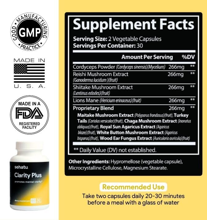 SEHATU Clarity Plus Cognitive Wellness Supplement | Packed with 10 Powerful Adaptogenic Mushrooms | Clear Brain Fog and Support Mental Clarity | 60 Count | 30 Day Supply SEHATUBuy Supplements Australia