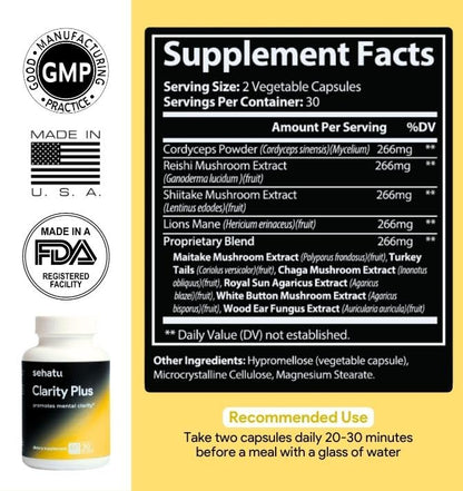 SEHATU Clarity Plus Cognitive Wellness Supplement | Packed with 10 Powerful Adaptogenic Mushrooms | Clear Brain Fog and Support Mental Clarity | 60 Count | 30 Day Supply SEHATUBuy Supplements Australia