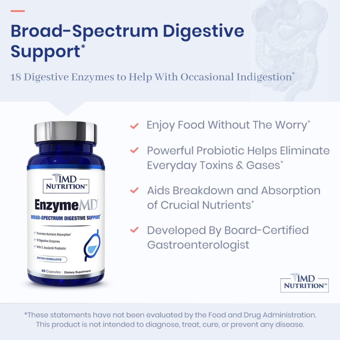 1MD Nutrition EnzymeMD - Digestive Enzymes Supplement - Doctor Formulated | 18 Plant-Based Enzymes - Gas & Bloating Support | 60 Capsules