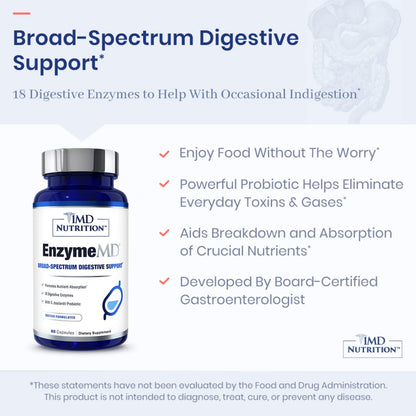 1MD Nutrition EnzymeMD - Digestive Enzymes Supplement - Doctor Formulated | 18 Plant-Based Enzymes - Gas & Bloating Support | 60 Capsules