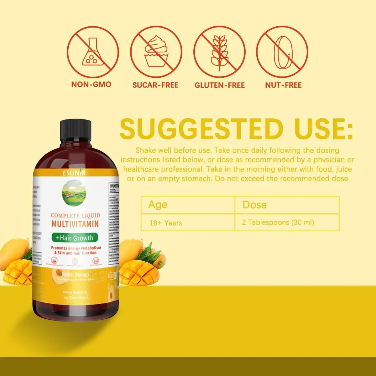ESUNM Complete Liquid Multivitamin + Hair Growth, Promotes Energy Metabolism& Skin and Hair Function| Vitamin C D | B Vitamins | ESUNM