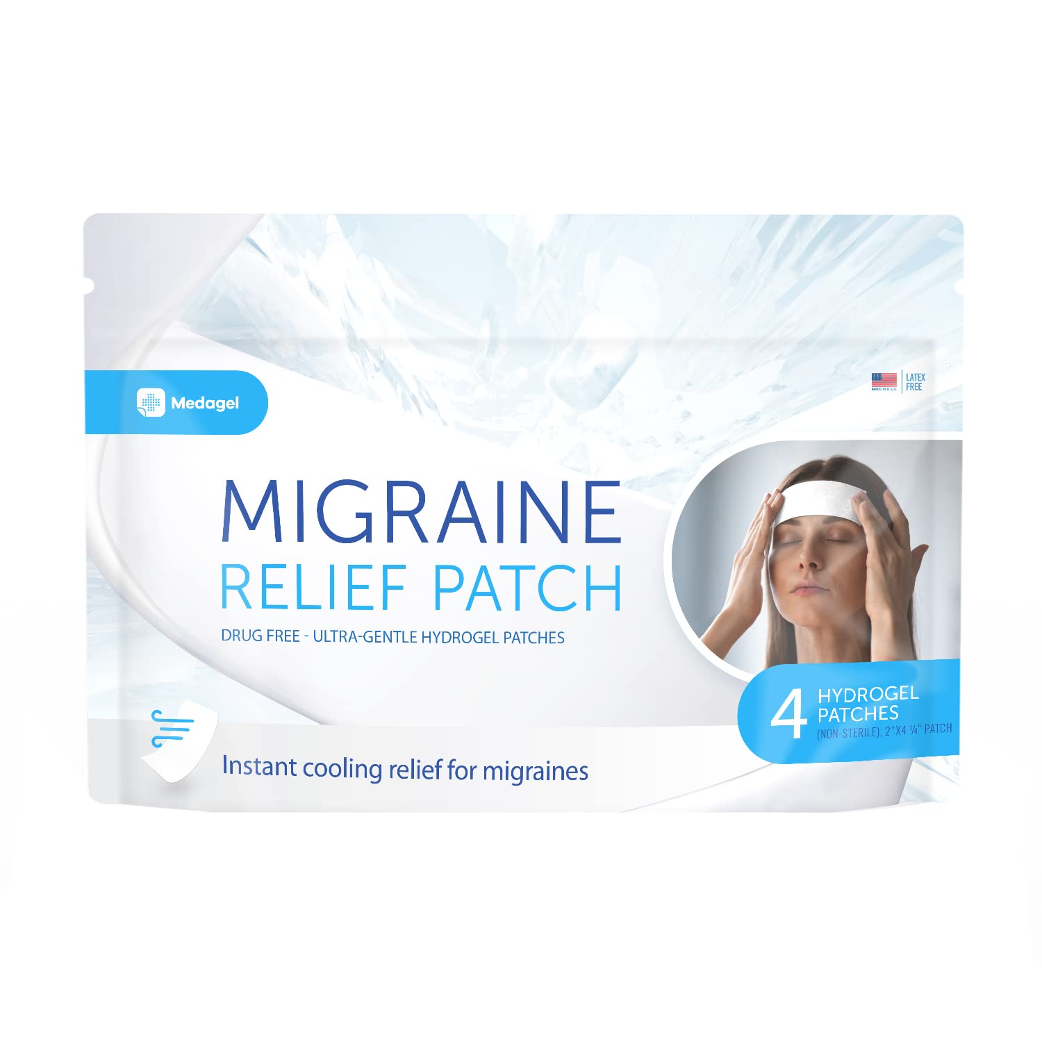 Medagel Migraine Relief Patch, Cooling Patches for Migraine, Fever, Hormone, & Headaches, Mess & Odor-Free Hydrogel Cooling, Made in The USA, 1 Pack (4 x Patches) White MedagelBuy Supplements Australia