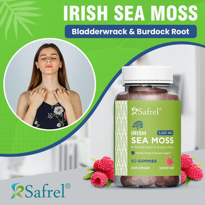 Safrel Irish Sea Moss Gummies 3000mg with Bladderwrack and Burdock Root, Thyroid Energy and Immune Support, Vegan Raspberry Flavor, 60 Gummies SafrelBuy Supplements Australia