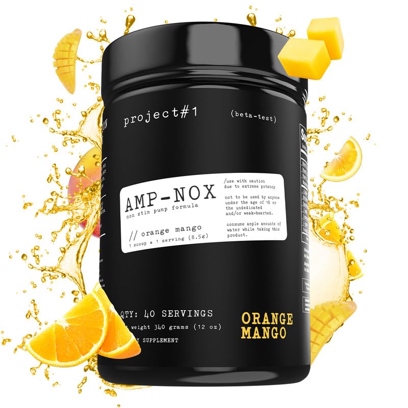 Project #1 AMP-NOX: Pre & Post Workout Powder to Boost Focus & Pump | Energizing Protein Drink for Gym Goers and Athletes | Stim-Free Muscle Primer - Instant Strength [40 Servings] - Orange Mango