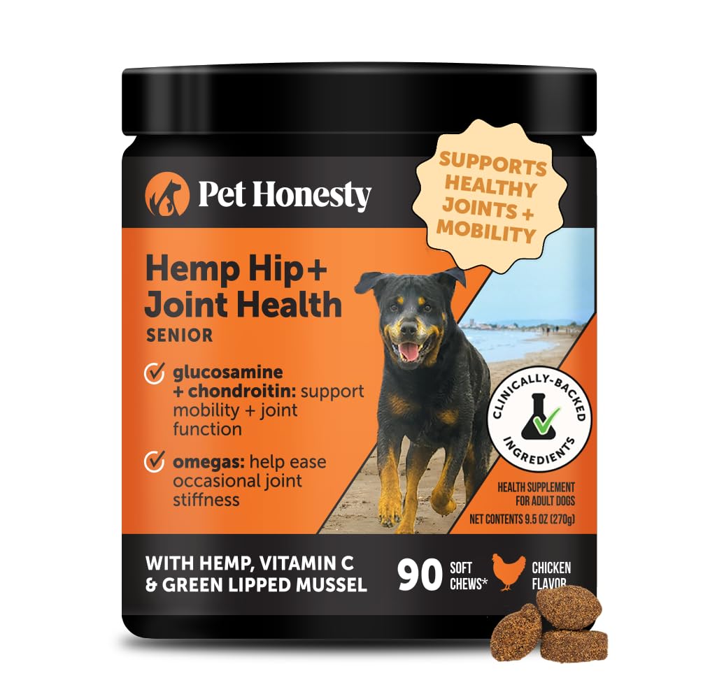Senior Hemp Hip and Joint Supplement for Dogs - Glucosamine Chondroitin, MSM & Green Lipped Mussel - Relief for Joint Stiffness, Advanced Strength Mobility Support for Senior Dogs (Chicken, 90 Ct) Pet HonestyBuy Supplements Australia