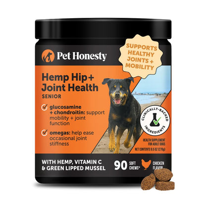 Senior Hemp Hip and Joint Supplement for Dogs - Glucosamine Chondroitin, MSM & Green Lipped Mussel - Relief for Joint Stiffness, Advanced Strength Mobility Support for Senior Dogs (Chicken, 90 Ct) Pet HonestyBuy Supplements Australia