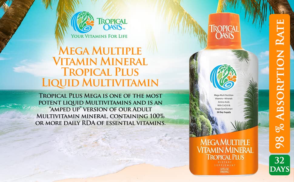 Tropical Oasis Mega Plus - Liquid Multivitamin and Mineral Supplement – Includes 85 Vitamins & Minerals, 20 Amino Acids + CoQ10, Grape Seed Extract & Organic Aloe Vera - 32oz, 32 Servings, 33460 Tropical OasisBuy Supplements Australia