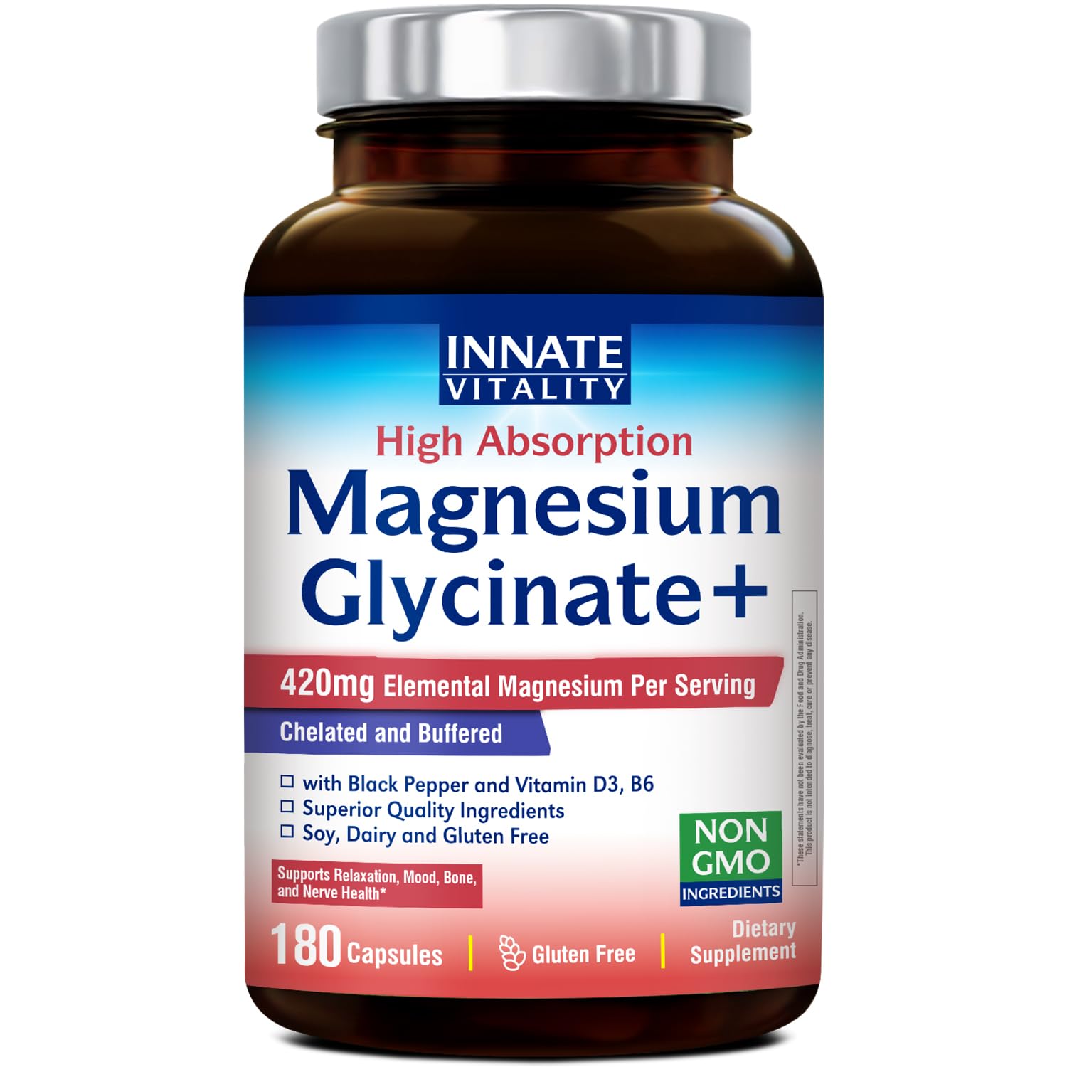 Innate Vitality Magnesium Glycinate Complex, 420mg Elemental Magnesium Per Serving, Enhanced Absorption, Black Pepper, Vitamin D3 & B6, Sleep Mood Bone Nerve Support, 180 Caps Innate VitalityBuy Supplements Australia